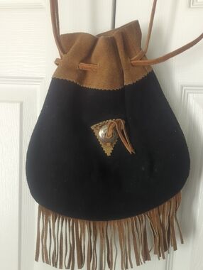 Vintage 70s Black and Brown Suede Fringe Drawstring Shoulder Bag